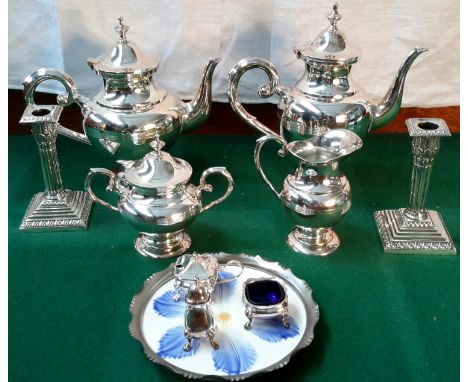 EP 4 piece tea/coffee service, pair of Walker & Hall candle sticks & cruets with tray 