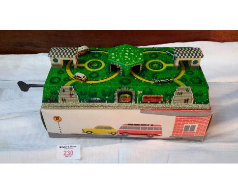 Small tin plate town car & bus clockwork toy with box 