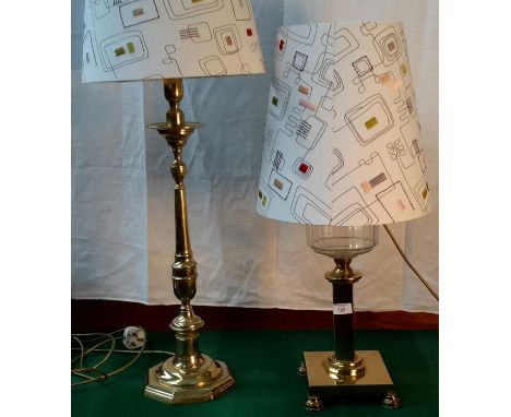 Converted paraffin brass lamp (working), together with heavy brass table lamp, both have matching shades 