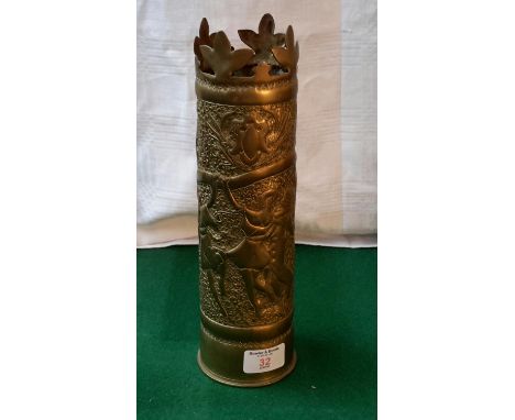 Trench art brass shell depicting lady dancers 