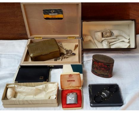 A collection of clay pipes, Ronson lighter & box of collectables 