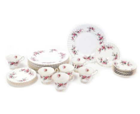 A Royal Albert porcelain Lavender Rose pattern part tea service, comprising six teacups, saucers and plates, together with ni
