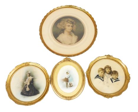 A mezzotint after an 18thC portrait, head and shoulders study of a lady, 32cm x 32cm, and three gilt framed photographic stud