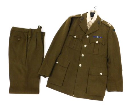 A British Army No2 khaki dress tunic, and matching trousers, tailored by A H Lee, Kowloon Hong Kong, with shirt and tie, the 