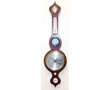 A 19thC mahogany case wheeled barometer, by Farrer of Doncaster, circular silvered dial, dry damp dial and thermometer, case 