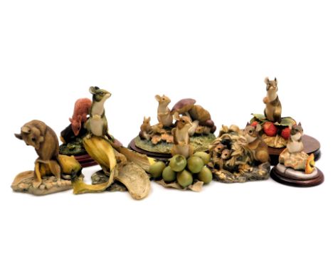 Seven Border Fine Arts sculptures of mice, including Mouse and Apple Core, Happy Days, and Family Life WW16, some with stands