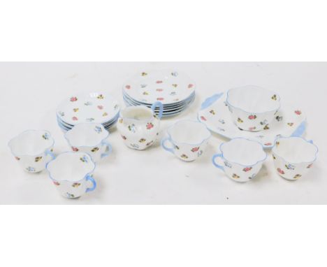 A Shelley porcelain Rose, Pansy and Forget-Me-Not part tea service, Dainty shape, comprising bread plate, cream jug, sugar bo