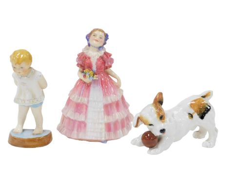 A Royal Doulton figure modelled as Ruby HN1724, Royal Worcester figure modelled as Tommy 2913, and Royal Doulton of a terrier