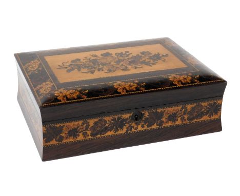 A Victorian Tunbridge Ware rosewood games box, with floral marquetry inlay, the domed lid opening to reveal four compartments