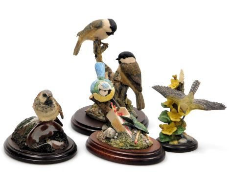 A Border Fine Arts sculpture of Willow Tits, another of a Yellow Wagtail, together with a Chiltern figure of Blue Tit on a ma