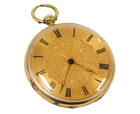 A late 19thC Symons gold plated pocket watch, open faced, key wind, circular dial bearing Roman numerals, and engraved floral