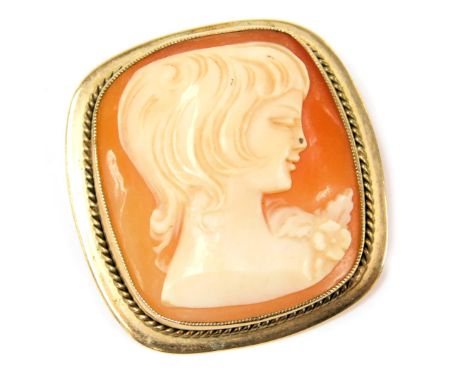 A shell cameo brooch, bust portrait of a lady, in a yellow metal mount, with safety chain as fitted.