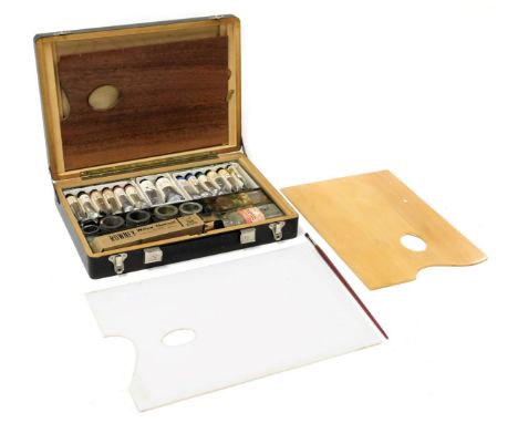 A Rowney oil colour sketch box, containing paints and brushes, boxed.