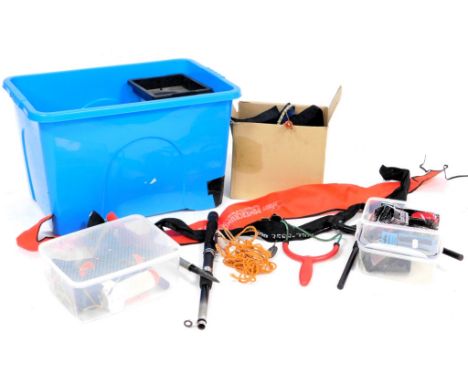 Assorted coarse fishing tackle, including floats, catapults, scales, rod rests, and sundry tackle. (1 crate) 