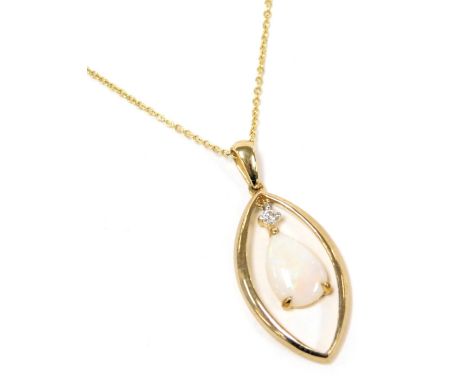 A 9ct gold opal and diamond drop pendant, in an oval surround, on a belcher link neck chain, with bolt ring clasp, 2.9g.