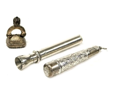 A George V silver cigarette holder, and case, foliate engraved, Birmingham 1910/1911, a William Whiteley's Scotch Whiskys "Ki