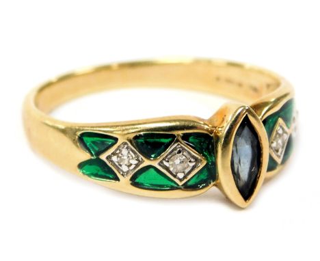 A 14ct gold diamond and green enamel "The Jewels of Spring" ring, for Brooks and Bentley, with certificate, size O, 2.9g.