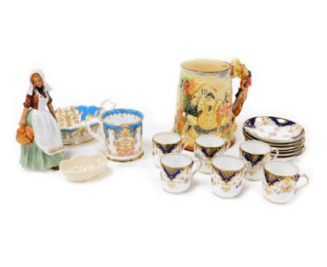 A group of ceramics, including a Royal Doulton figure modelled as The Milkmaid HN2057, a Belleek salt, musical tankard, and a