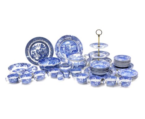 A group of Copeland Spode blue and white Italian pattern pottery, including a part tea service with tea pot, twin section ova