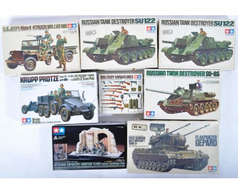 A collection of x8 original Tamiya made boxed 1 /35 scale plastic model kits of war / military interest. Models to include; x