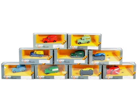 A collection of x9 assorted boxed Corgi Classics 1/43 scale diecast model Morris Minor cars, all advertising / promotional mo