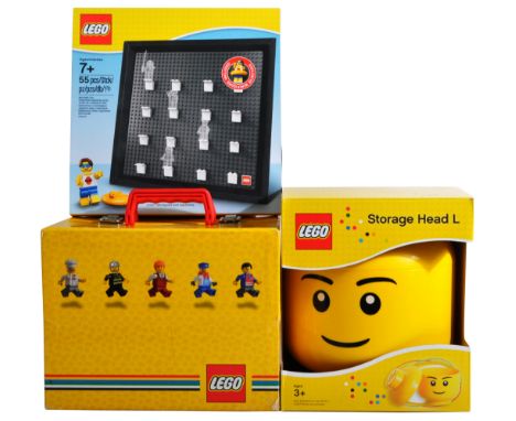 A collection of x3 original Lego brick carry case storage items comprising a boxed large storage head, 851653 Minifigure patt