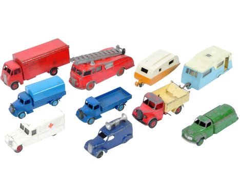 A collection of x10 original vintage Dinky Toys diecast model trucks and other vehicles to include 955 Fire Engine, 190 Carav