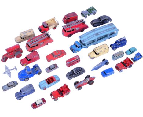 A collection of approximately x28 vintage Dinky Toys, Corgi Toys and Lesney made diecast model cars and other vehicles. Model