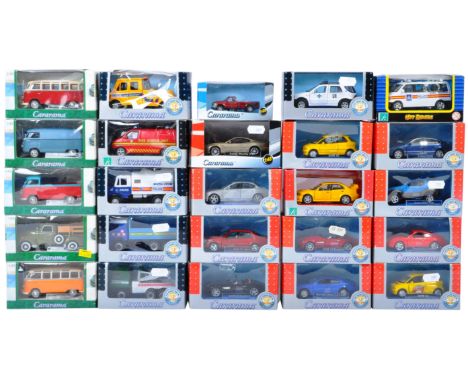 A large collection of x25 assorted 1/43 scale Cararama made boxed diecast model cars and other vehicles to include; BMW Z8 Ro