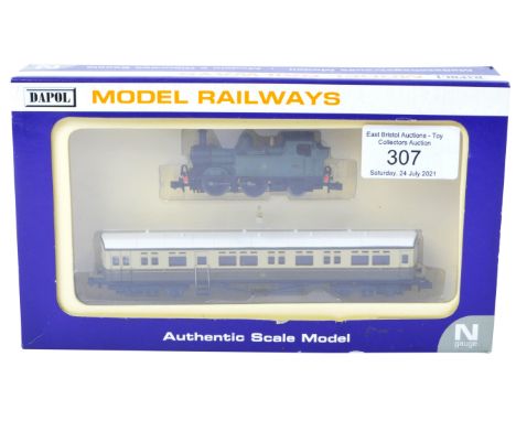 An original boxed Dapol made N gauge model railway trainset locomotive engine No. ND-080 set 4. The set being a Class 14XX tw