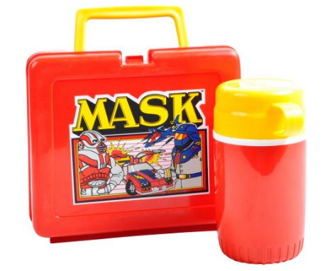 An original vintage 1985 Bluebird made Kenner Mask retro lunch storage box with thermos. Red plastic construction with yellow