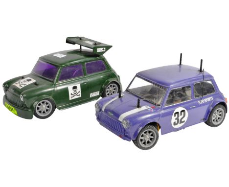 Tamiya - Two original vintage Tamiya made 1/10 scale RC Radio Controlled cars - both Mini Cooper racing cars. The first (purp