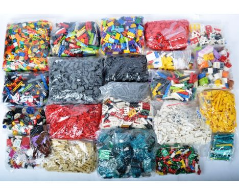 A large assortment of approximately 10kg of bagged Lego bricks and accessory pieces to include plates, tiles, technic beams, 