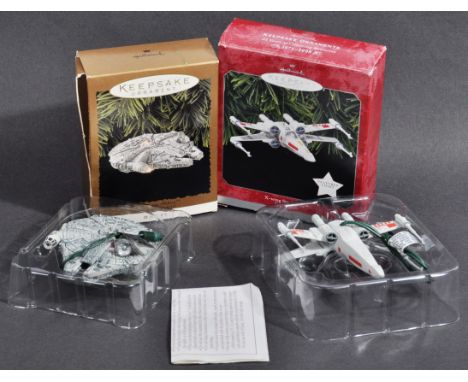 Star Wars - two Hallmark made ' Keepsake Ornament ' Star Wars light-up Christmas Tree ornaments - Millennium Falcon and X Win