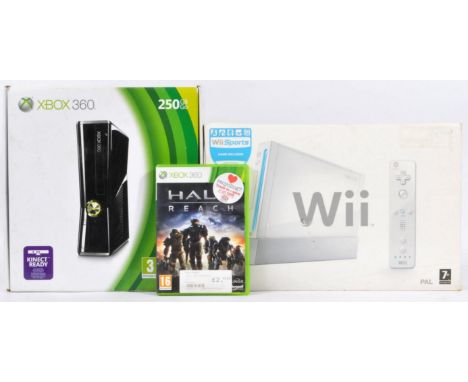 Two boxed computer video games consoles comprising a Nintendo Wii games console in original box and an Xbox 360 Elite 250gb b