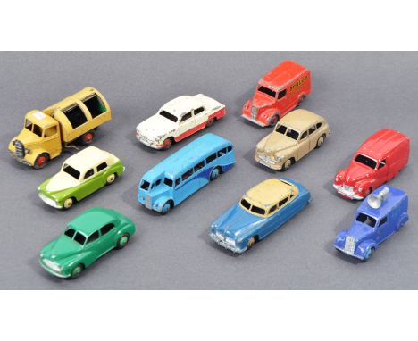 A collection of x10 original vintage Dinky Toys diecast model cars and other vehicles comprising; Morris Oxford, Hillman Minx