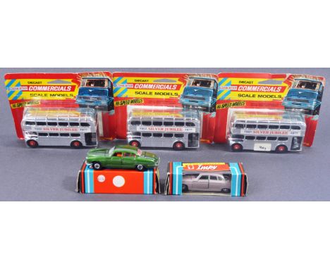 A collection of x5 original vintage British Lone Star made diecast model cars and buses comprising x3 carded Lone Star Commer