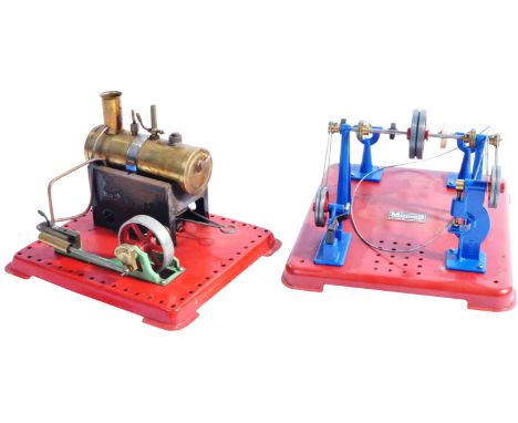 Mamod - an original vintage Mamod made stationary steam engine mounted on a red metal base, with liquid fuel burner, along wi