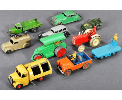 Dinky Toys - a collection of x10 original vintage Dinky made diecast models. Includes; Green tipper lorry, tractor, Steam Rol