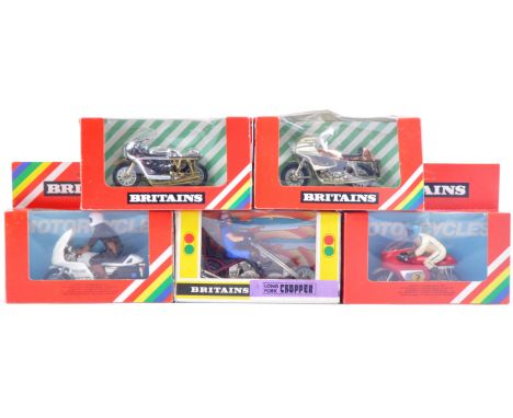 A collection of x5 assorted Britains 1 / 32 scale diecast model motor cycle bikes to include models No. 9677 Long Fork Choppe