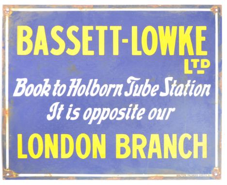 Bassett Lowke - a scarce antique early 20th century Bassett-Lowke advertising enamel sign ' Bassett-Lowke Ltd - Book To Holbo