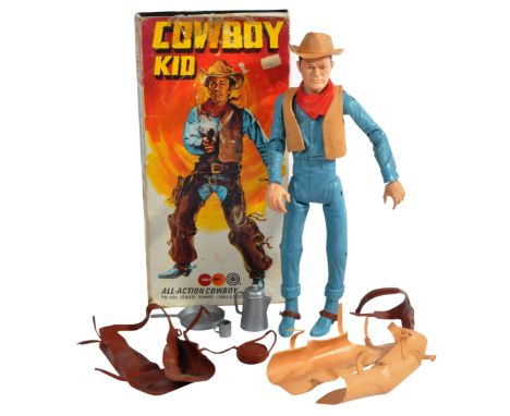 An original vintage Marx Toys made Johnny West ' Cowboy Kid ' Western themed action figure. With some accessories, and housed