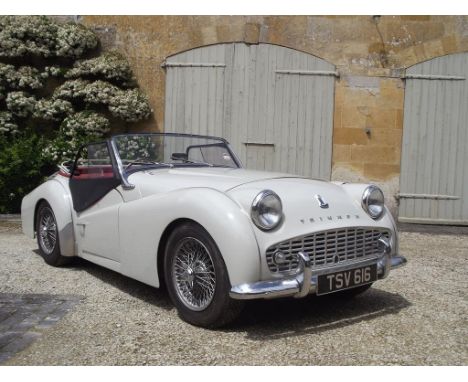 A 1959 Triumph TR3A, registration number TSV 616, chassis number TS 47448-0, engine number TS4800SE, Pearl grey. The TR3A wit