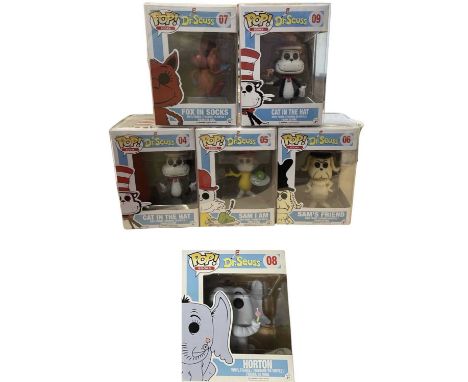 A collection of Dr Seuss Funko Pop! vinyl figures in protectors:07: Fox in Socks09: Cat in the Hat04: Cat in the Hat05: Sam I