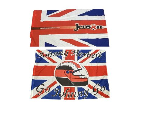 A pair of Formula 1 Union Jack flags, to include - Jensen Button - Johnny Herbert