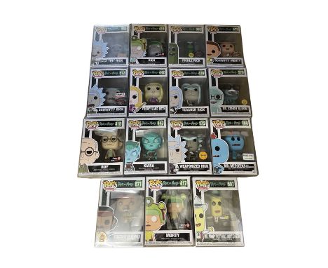 A collection of Rick and Morty Funko Pop! vinyl figures in protectors:418: Roy (Gamestop Exclusive)571: Resistance Goldenfold