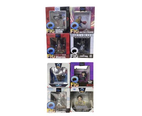 A collection of Q Fig boxed vinyl figures:Harley QuinnDeadpoolDoctor StrangeSpider-ManJessica JonesWonder WomanRocket and Gro