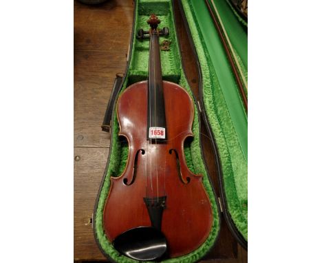 An antique Continental violin, with 14in back, with mother of pearl inlaid bow, and case.&nbsp;&nbsp; 