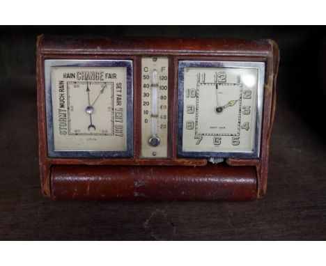 A vintage Jaeger Le Coultre brass cased folding easel timepiece;&nbsp;together with another Le Coultre combined timepiece, ba