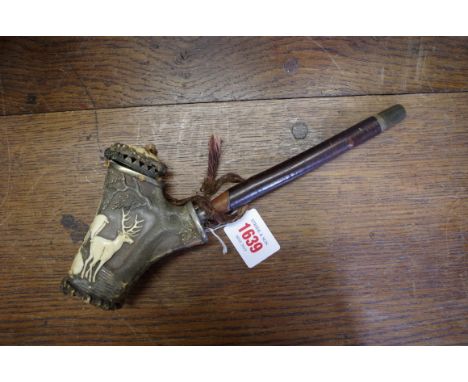 A very fine 19th century Bavarian carved antler cameo pipe,&nbsp;the hinged top decorated with a hound, the body relief decor